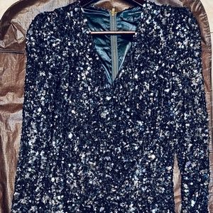 Blue Sequin Long Sleeve Vneck Dress